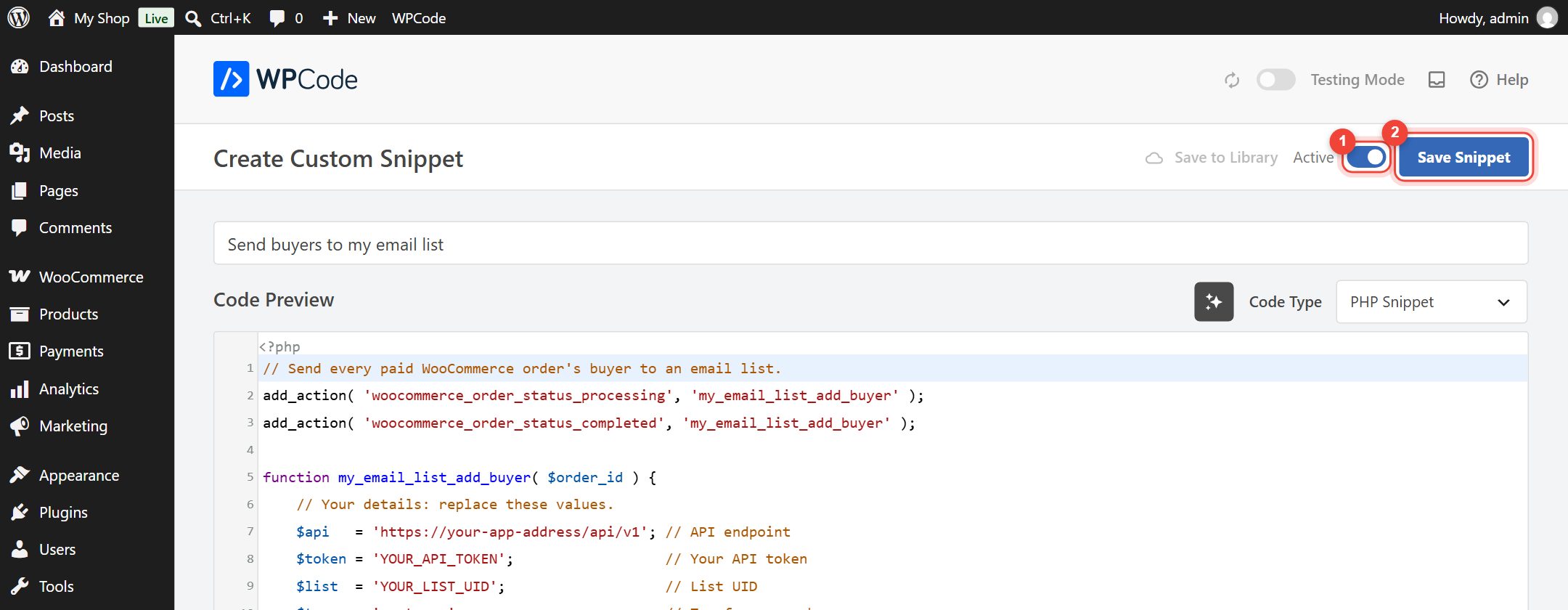The top of the WPCode snippet editor with the Active toggle and the Save Snippet button highlighted