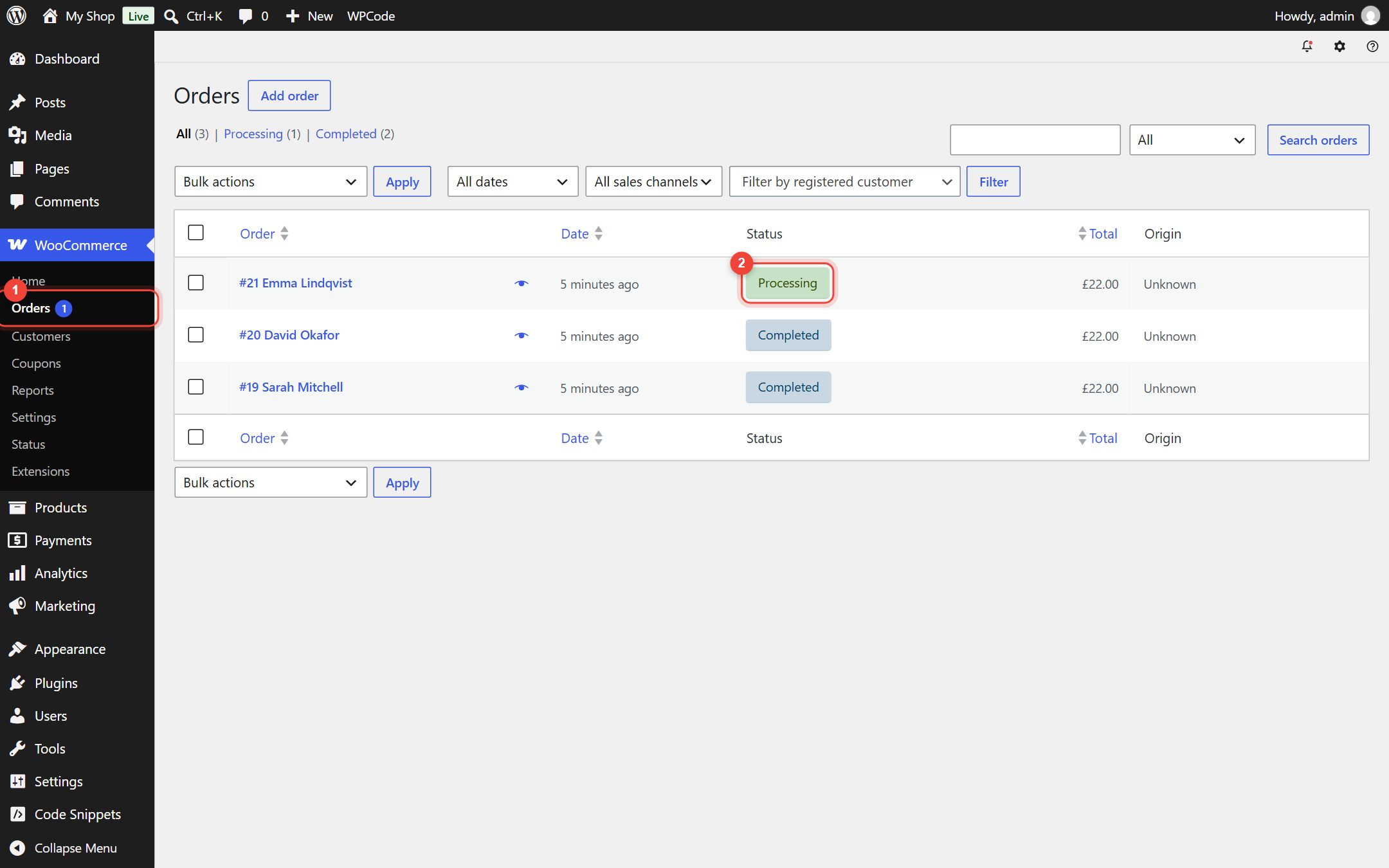 WooCommerce Orders page with a Processing order highlighted