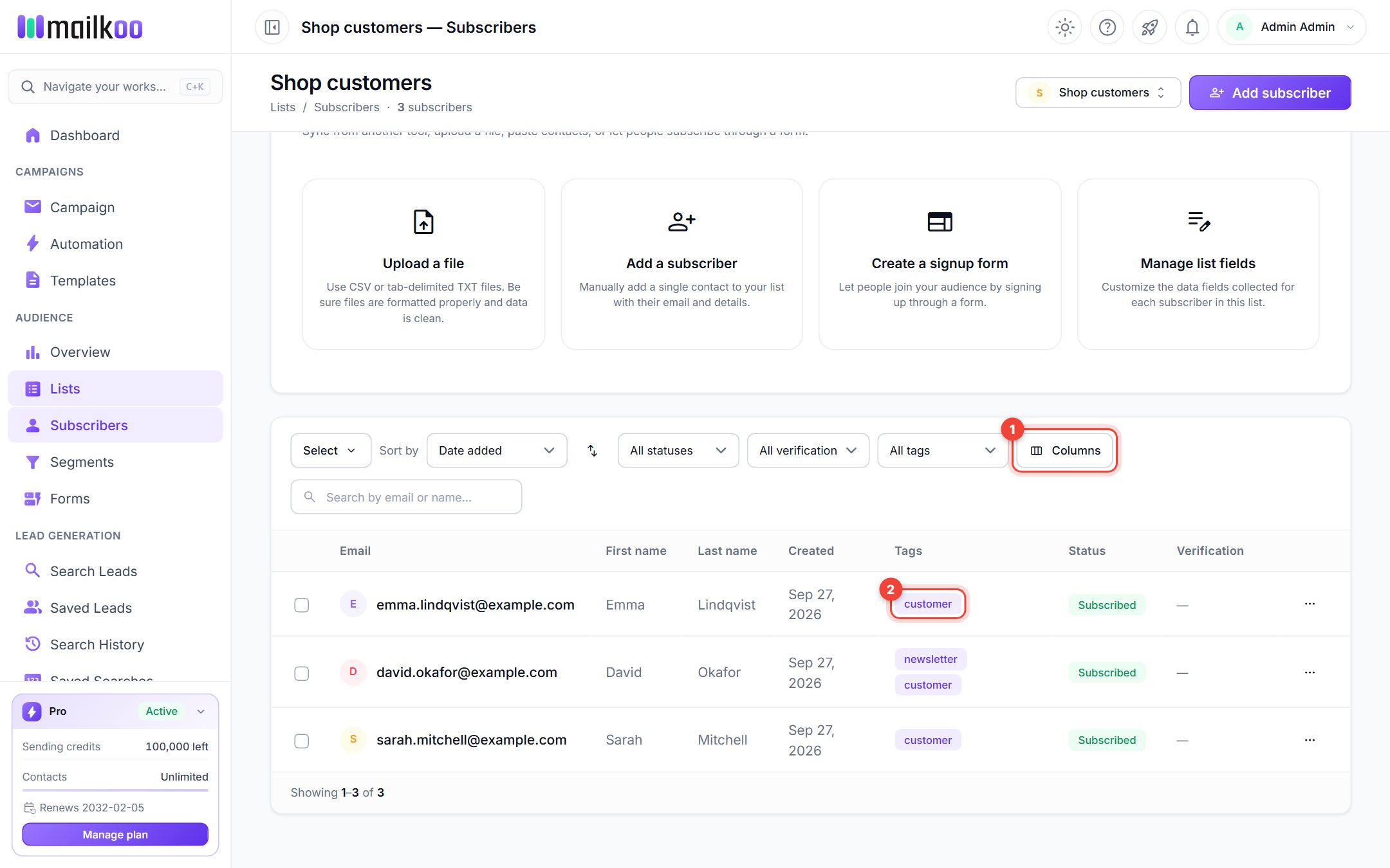 List subscribers table with the new buyer and the customer tag highlighted